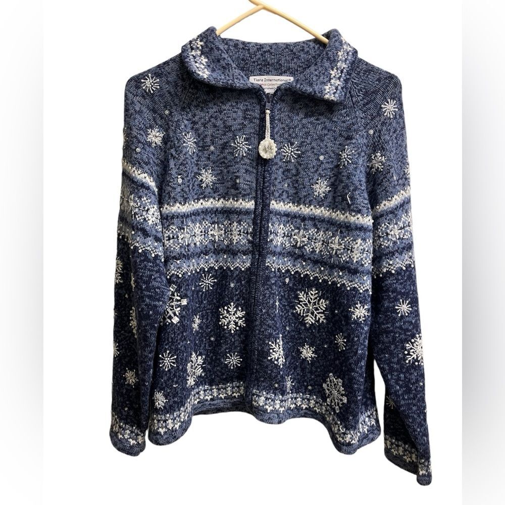 Tiara International Blue Beaded Pearl Snowflake Fair Isle Zip-Up Jacket SZ XL